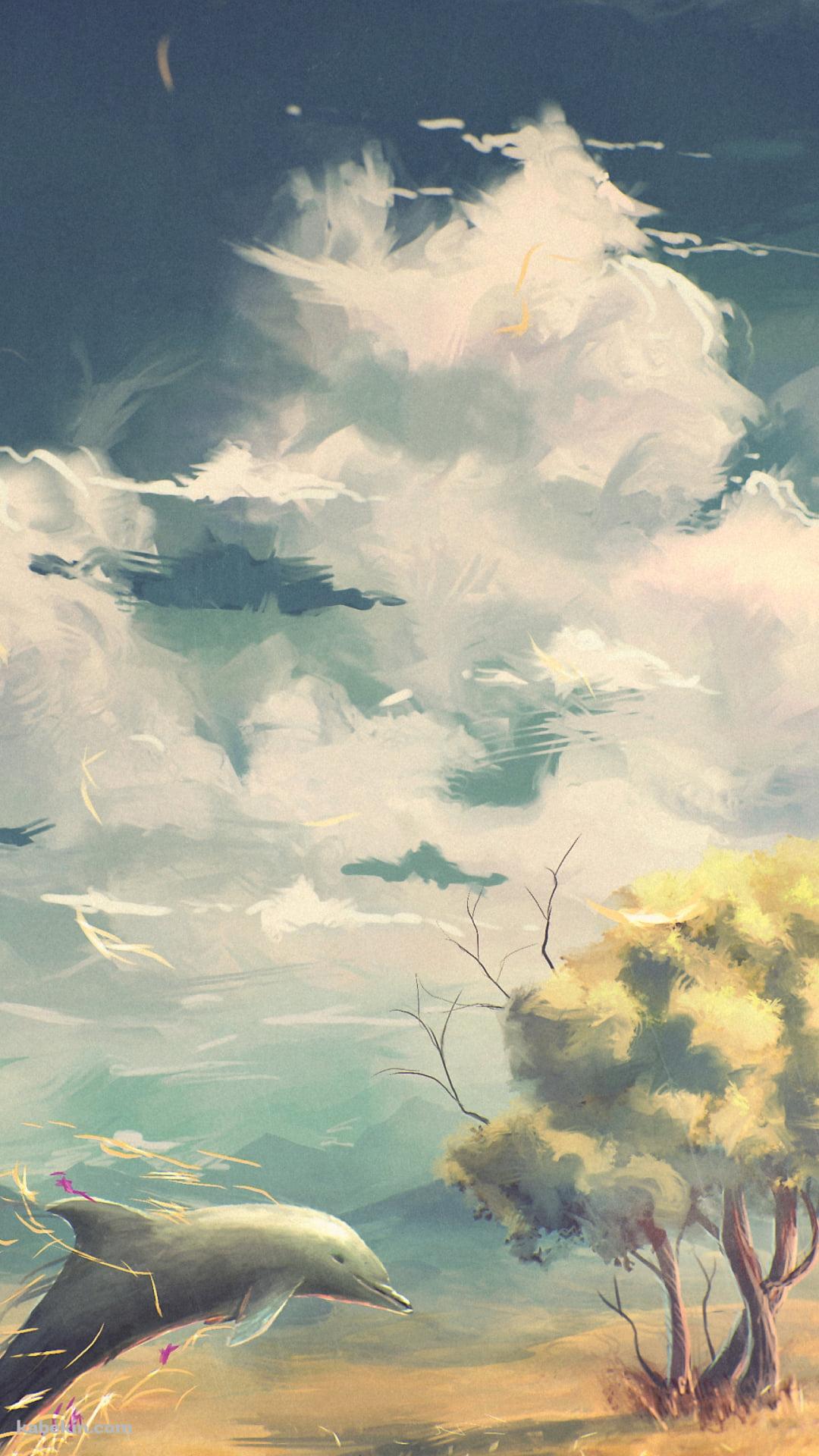 草原を飛ぶイルカのAndroidの壁紙(1080px x 1920px) スマホ用