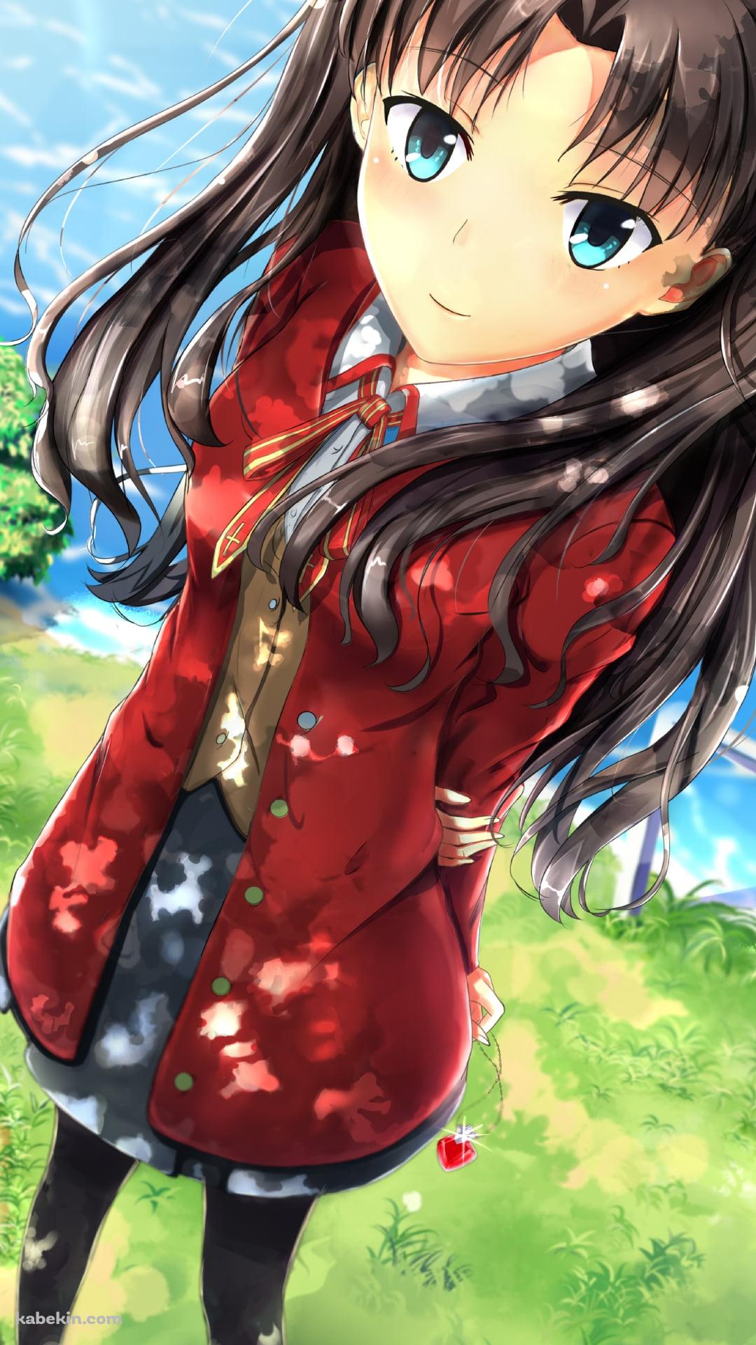 川の近くでこちらを見つめる遠坂凛 / FateのAndroidの壁紙(1080px x 1920px) スマホ用