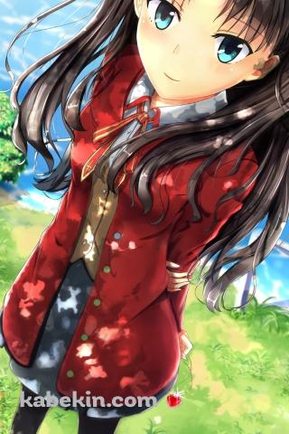 川の近くでこちらを見つめる遠坂凛 / FateのAndroidの壁紙(320px x 480px) スマホ用