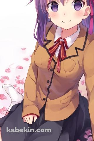 ピンクの花びらの上に座る可愛い間桐桜 / FateのAndroidの壁紙(320px x 480px) スマホ用