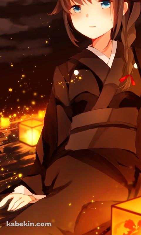 光る灯篭と黒い着物を着た時雨 / 艦隊これくしょんのAndroidの壁紙(480px x 800px) スマホ用