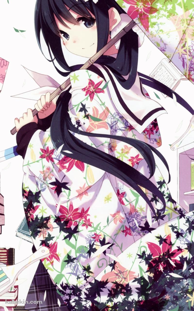 沢山の本と和傘をさす綺麗な西御門多美(にしみかどたみ) / ハナヤマタのAndroidの壁紙(800px x 1280px) スマホ用