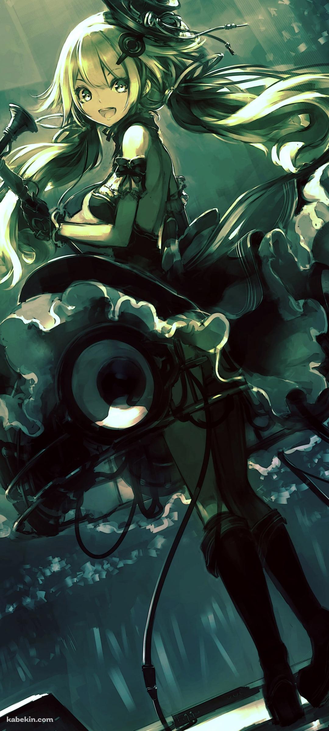 黒いスピーカーを持ち振り返る笑顔の初音ミク / ライブ / ボカロのAndroidの壁紙(1080px x 2400px) スマホ用