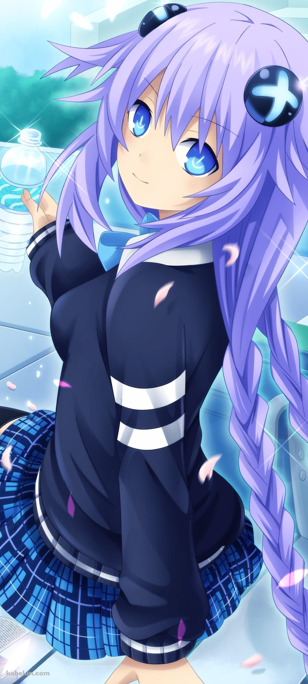 ベンチに座って水を飲むパープルハート / 超次元ゲイムネプテューヌのAndroidの壁紙(1080px x 2400px) スマホ用