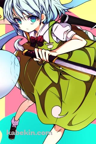 ポップなタッチで描かれた両手に剣を持つ魂魄妖夢 / 半霊 / 東方のAndroidの壁紙(320px x 480px) スマホ用