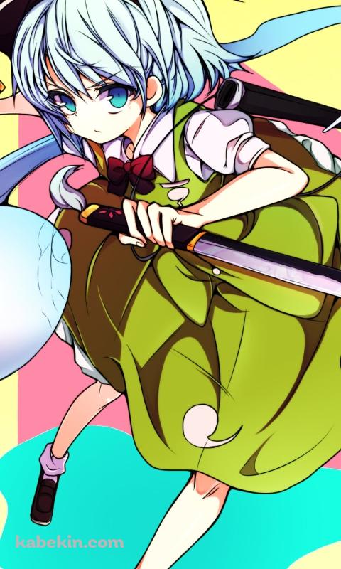 ポップなタッチで描かれた両手に剣を持つ魂魄妖夢 / 半霊 / 東方のAndroidの壁紙(480px x 800px) スマホ用