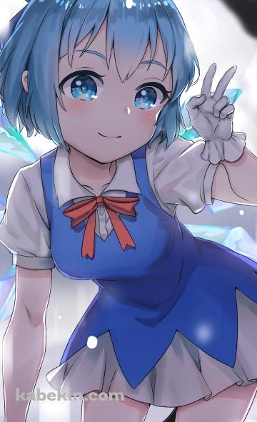 雪が降る中、膝をつきピースをする可愛いチルノ / 東方のAndroidの壁紙(360px x 592px) スマホ用