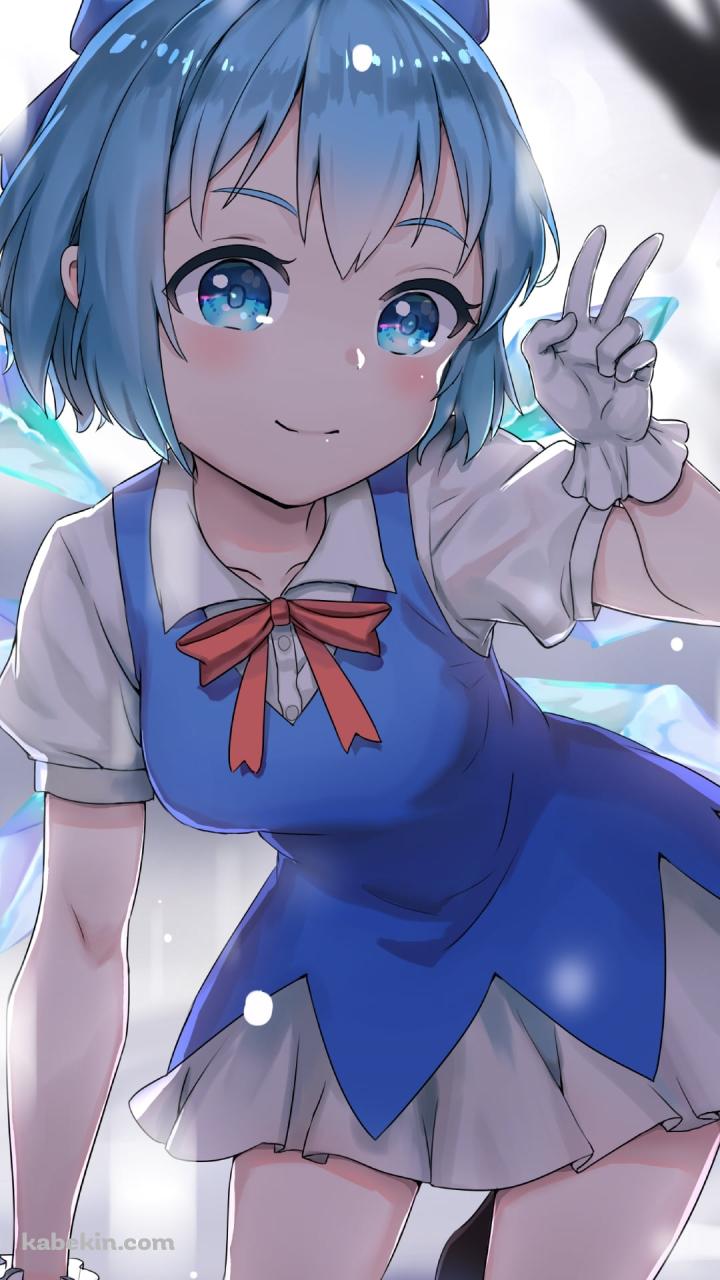雪が降る中、膝をつきピースをする可愛いチルノ / 東方のAndroidの壁紙(720px x 1280px) スマホ用