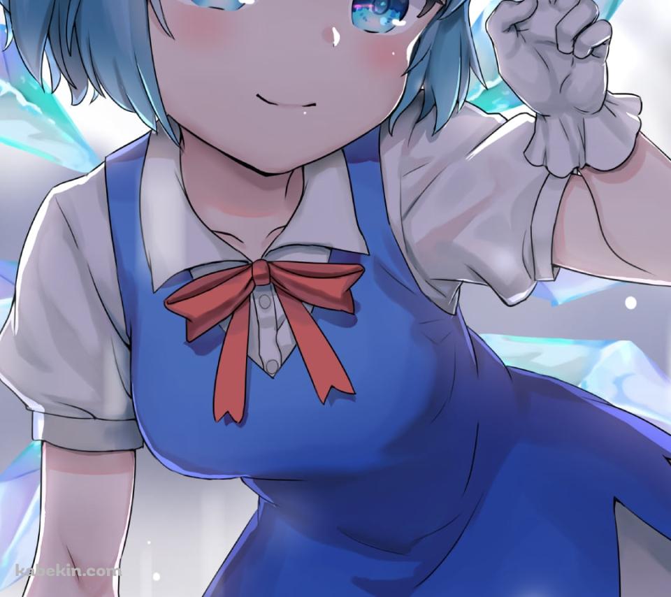 雪が降る中、膝をつきピースをする可愛いチルノ / 東方のAndroidの壁紙(960px x 854px) スマホ用