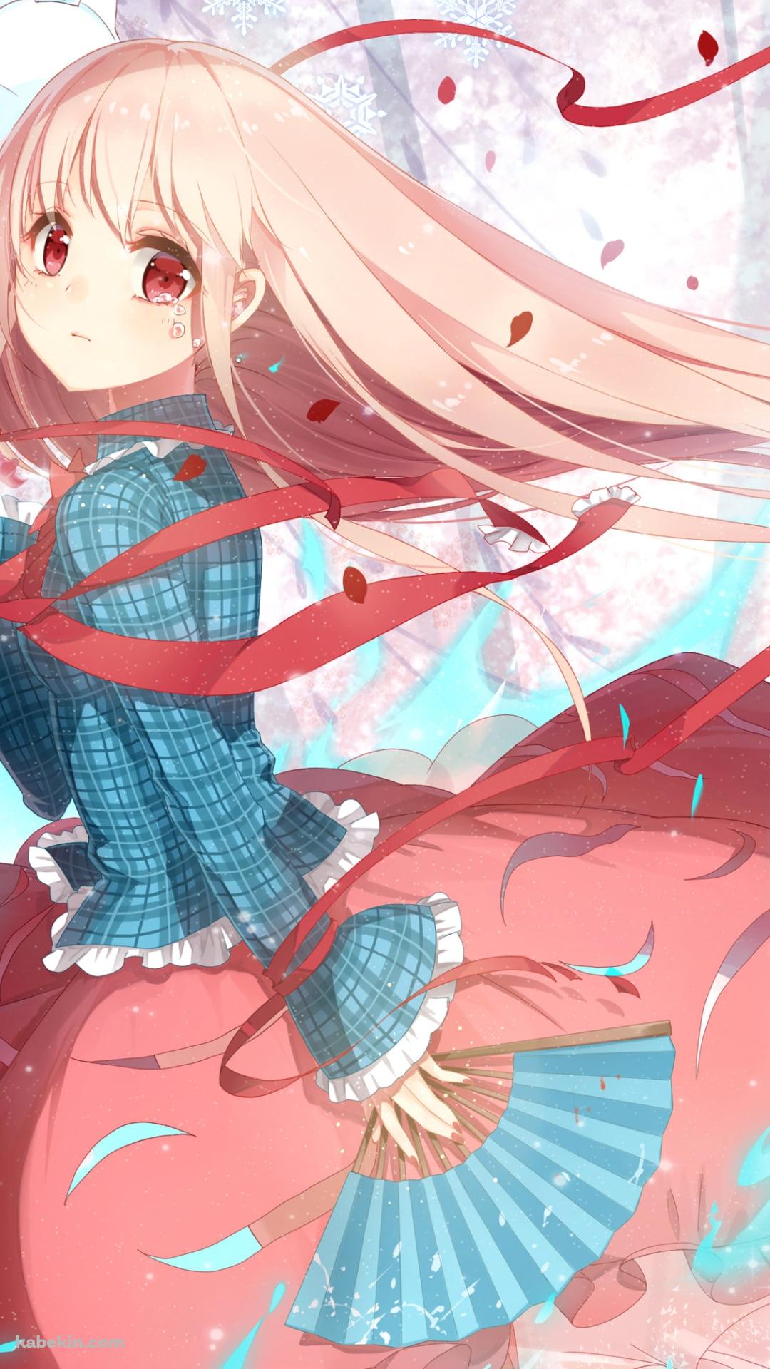 雪の結晶と水色の扇子を持つ秦こころ(はたの こころ) / 東方のAndroidの壁紙(1080px x 1920px) スマホ用