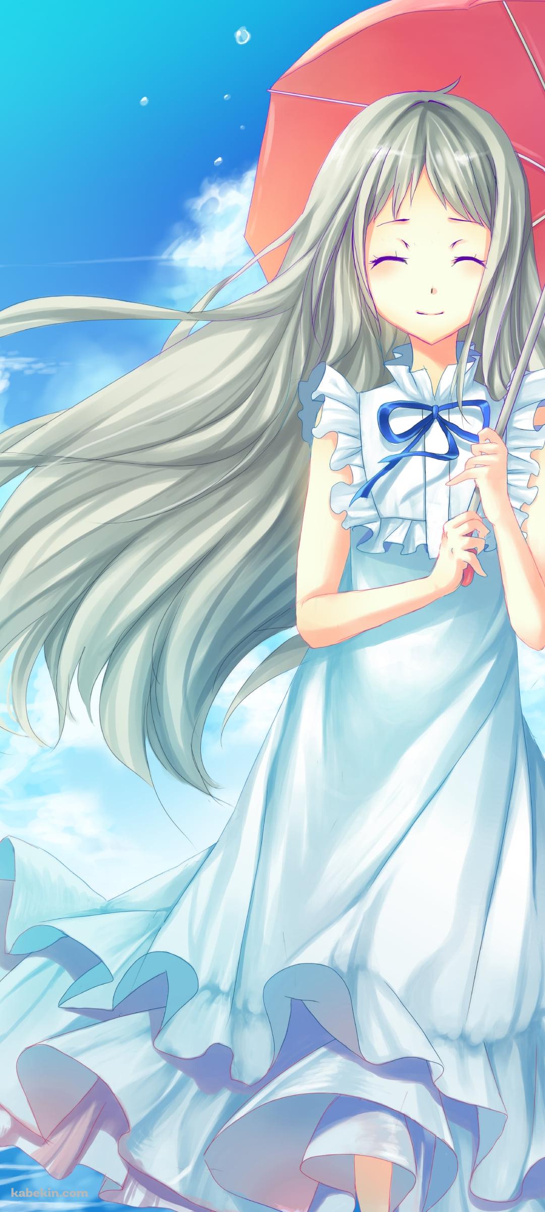 海で赤い傘をさす笑顔の本間芽衣子 / あの日見た花の名前を僕達はまだ知らない。  / あの花のAndroidの壁紙(1080px x 2400px) スマホ用