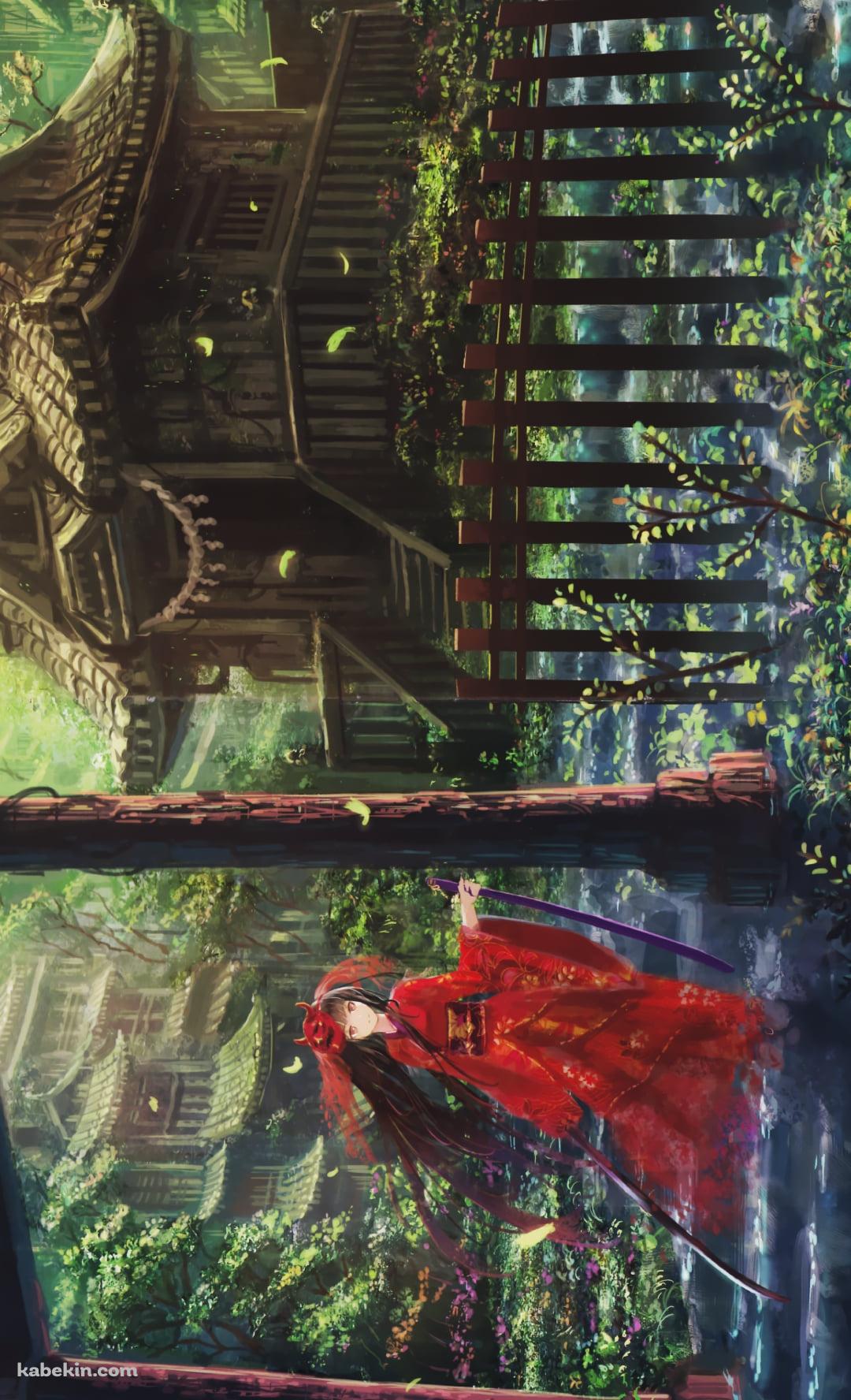 鳥居の下の階段の上に立つ赤い着物を着た女性 / 社のAndroidの壁紙(1080px x 1776px) スマホ用