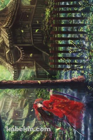 鳥居の下の階段の上に立つ赤い着物を着た女性 / 社のAndroidの壁紙(320px x 480px) スマホ用