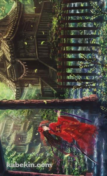 鳥居の下の階段の上に立つ赤い着物を着た女性 / 社のAndroidの壁紙(360px x 592px) スマホ用