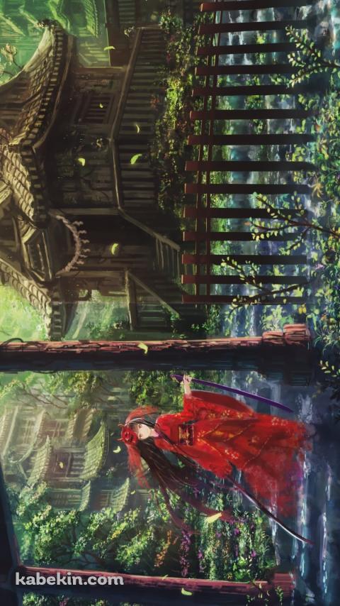 鳥居の下の階段の上に立つ赤い着物を着た女性 / 社のAndroidの壁紙(480px x 854px) スマホ用