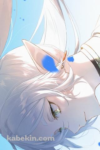 蒼月草の青い花びらと凛々しい表情のフリーレン / 葬送のフリーレンのAndroidの壁紙(320px x 480px) スマホ用