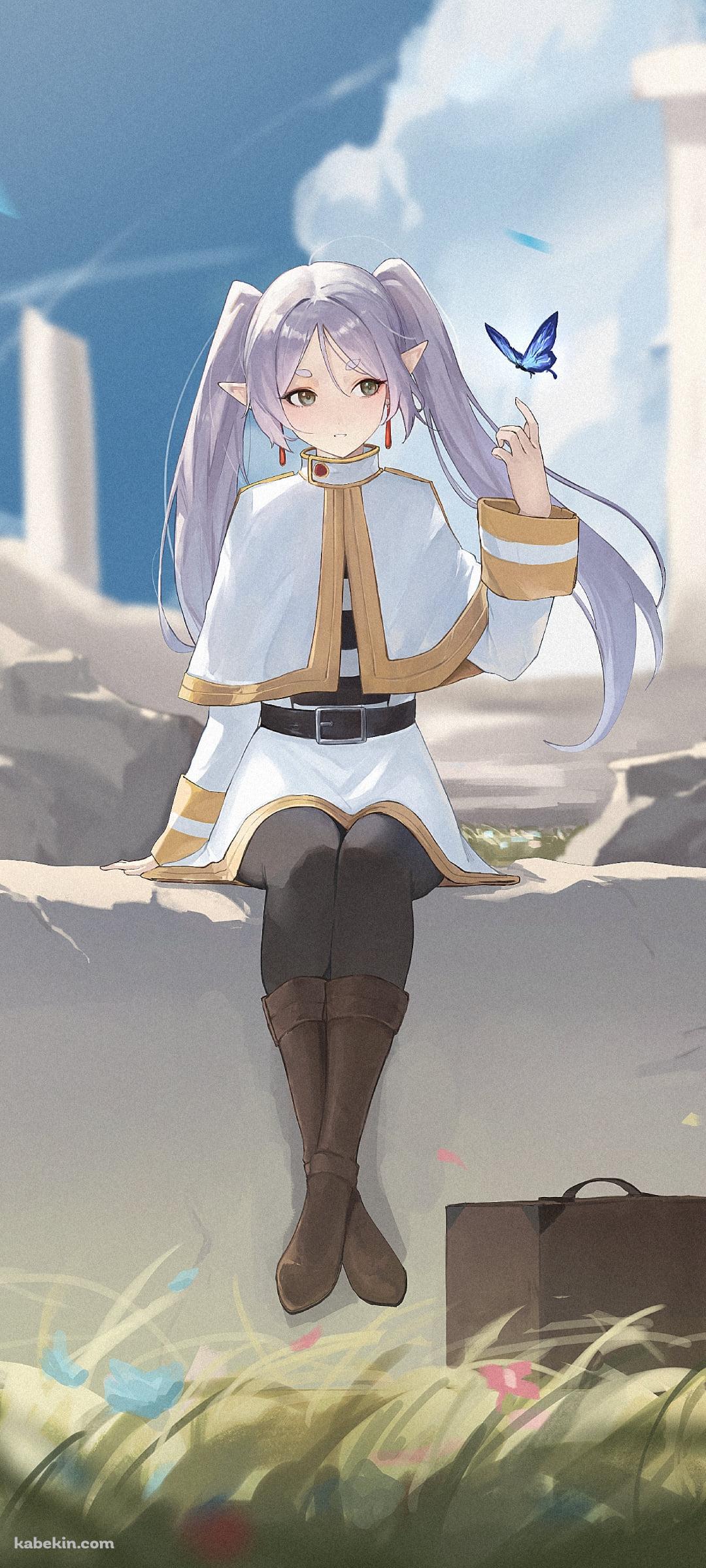 壊れた壁に腰かけ青い蝶と戯れるフリーレン / 葬送のフリーレンのAndroidの壁紙(1080px x 2400px) スマホ用
