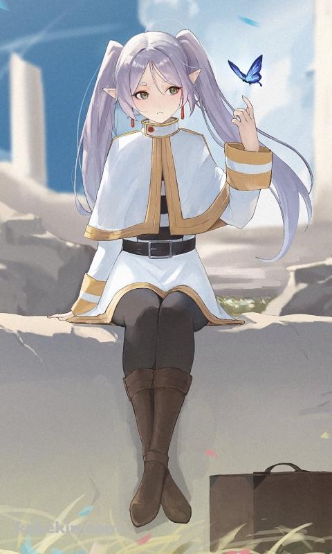 壊れた壁に腰かけ青い蝶と戯れるフリーレン / 葬送のフリーレンのAndroidの壁紙(480px x 800px) スマホ用