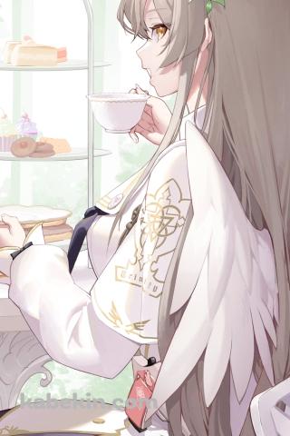 椅子に腰かけ紅茶を飲む桐藤ナギサ / ブルーアーカイブのAndroidの壁紙(320px x 480px) スマホ用
