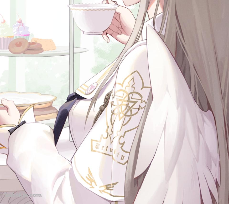 椅子に腰かけ紅茶を飲む桐藤ナギサ / ブルーアーカイブのAndroidの壁紙(960px x 854px) スマホ用