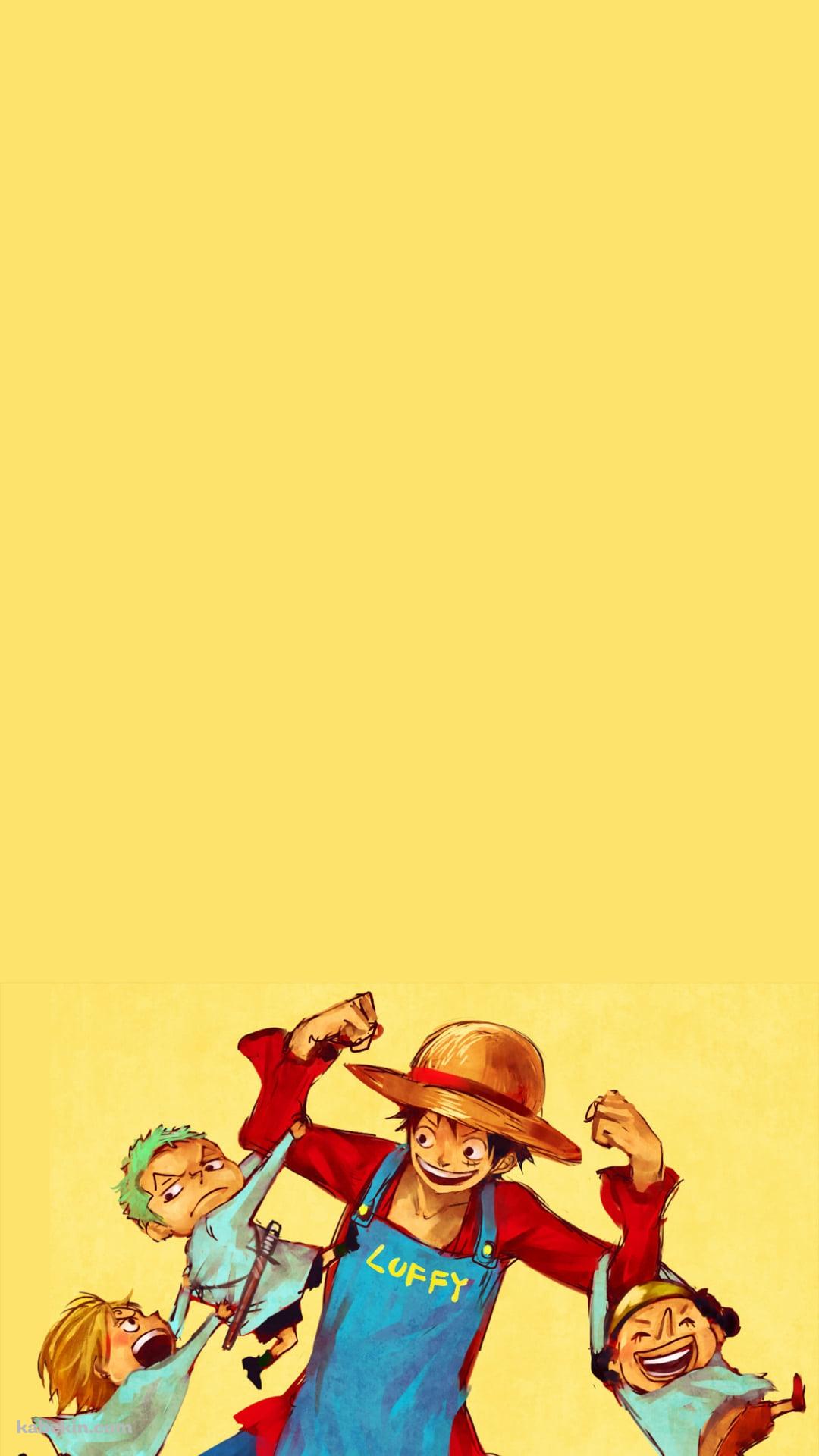 ルフィの両腕につかまるロロノア・ゾロとサンジとウソップ / 力こぶ / ONE PIECEのAndroidの壁紙(1080px x 1920px) スマホ用