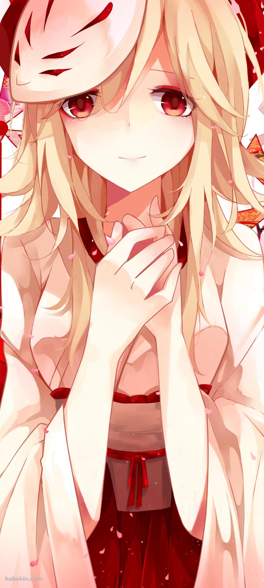 赤い風車と狐の面をつけた鏡音リン / ボーカロイドのAndroidの壁紙(1080px x 2400px) スマホ用