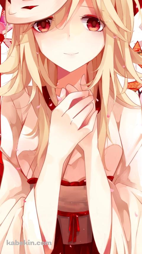 赤い風車と狐の面をつけた鏡音リン / ボーカロイドのAndroidの壁紙(480px x 854px) スマホ用