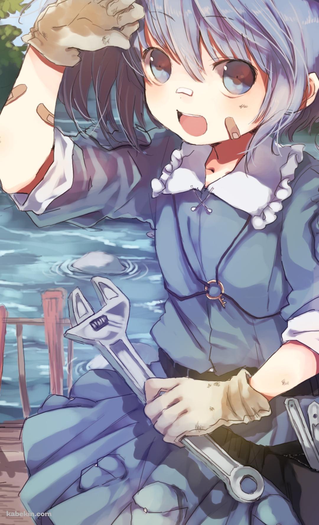 レンチを持ち橋を修理する河城にとり / 東方のAndroidの壁紙(1080px x 1776px) スマホ用