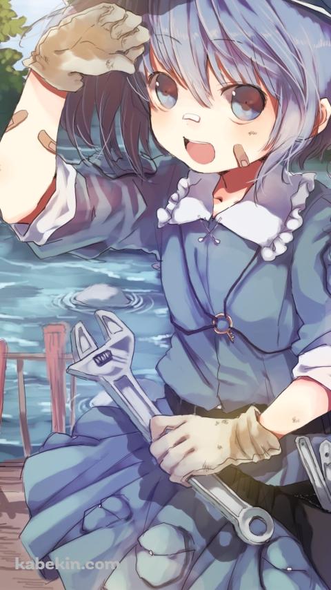 レンチを持ち橋を修理する河城にとり / 東方のAndroidの壁紙(480px x 854px) スマホ用