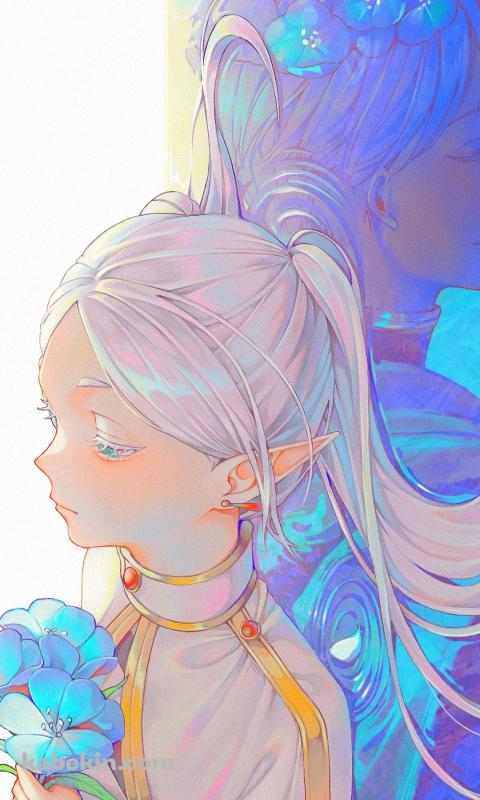 蒼月草を持ち水の上に寝そべる綺麗なフリーレン / 葬送のフリーレンのAndroidの壁紙(480px x 800px) スマホ用