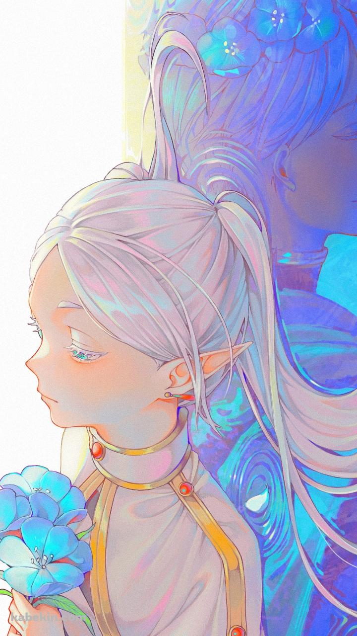 蒼月草を持ち水の上に寝そべる綺麗なフリーレン / 葬送のフリーレンのAndroidの壁紙(720px x 1280px) スマホ用
