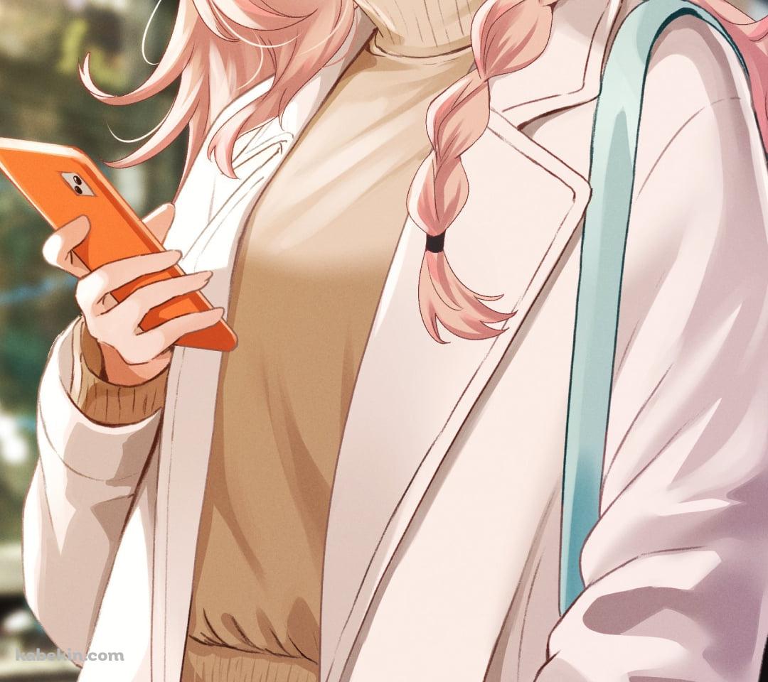 オレンジのスマホを持つメガネをかけた可愛い夏橘つばめ / バーチャルYouTuberのAndroidの壁紙(1080px x 960px) スマホ用