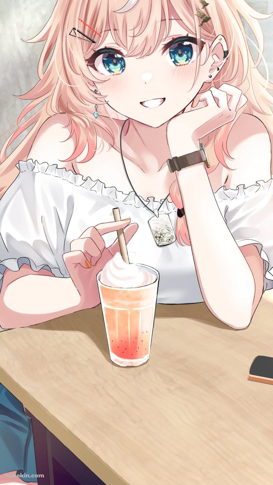 オレンジのフロートを飲む夏橘つばめ / バーチャルYouTuberのAndroidの壁紙(1080px x 1920px) スマホ用