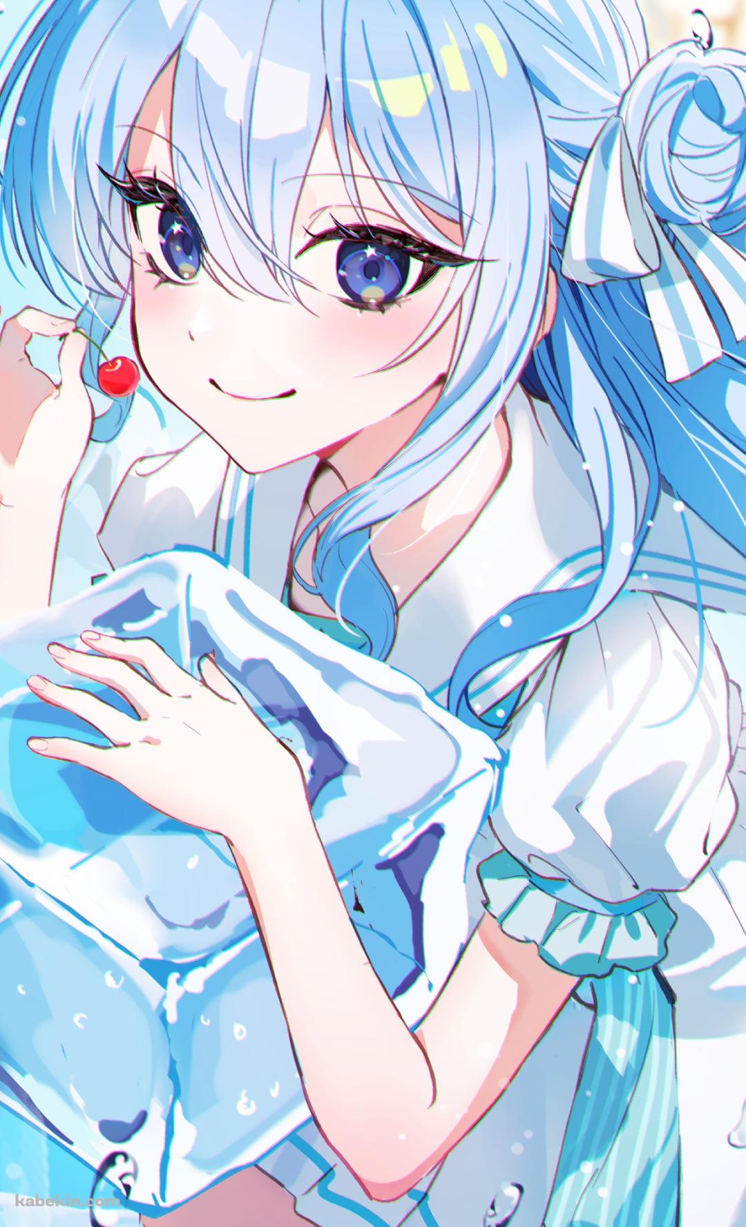 氷にもたれてサクランボを持つ可愛い星街すいせい / ホロライブ / バーチャルYouTuber / VtuberのAndroidの壁紙(1080px x 1776px) スマホ用
