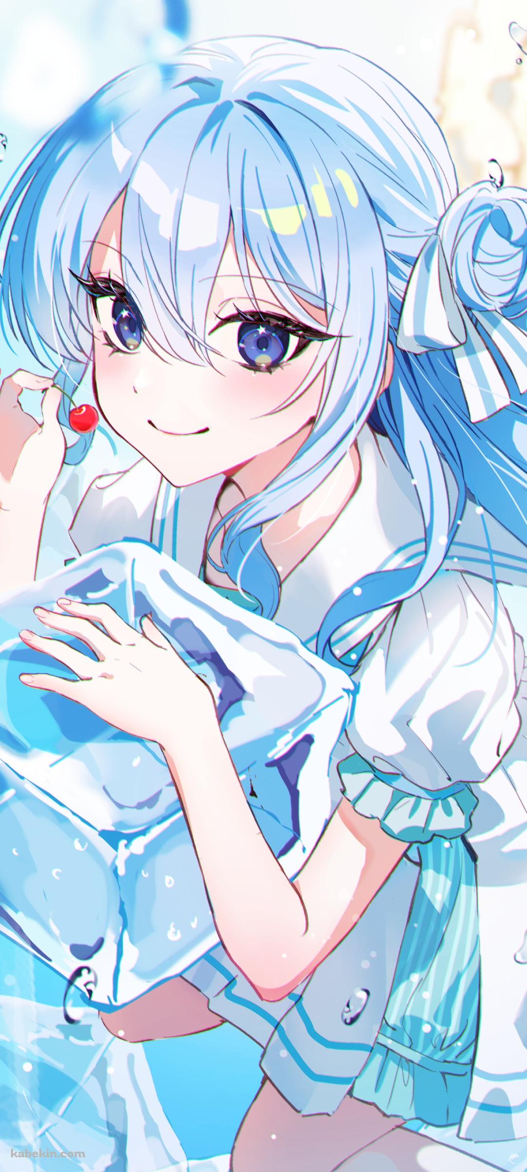 氷にもたれてサクランボを持つ可愛い星街すいせい / ホロライブ / バーチャルYouTuber / VtuberのAndroidの壁紙(1080px x 2400px) スマホ用