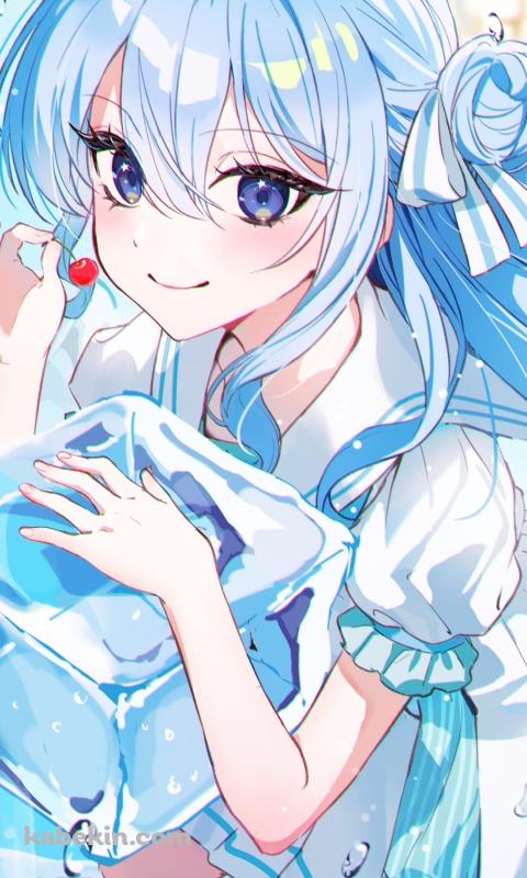 氷にもたれてサクランボを持つ可愛い星街すいせい / ホロライブ / バーチャルYouTuber / VtuberのAndroidの壁紙(480px x 800px) スマホ用