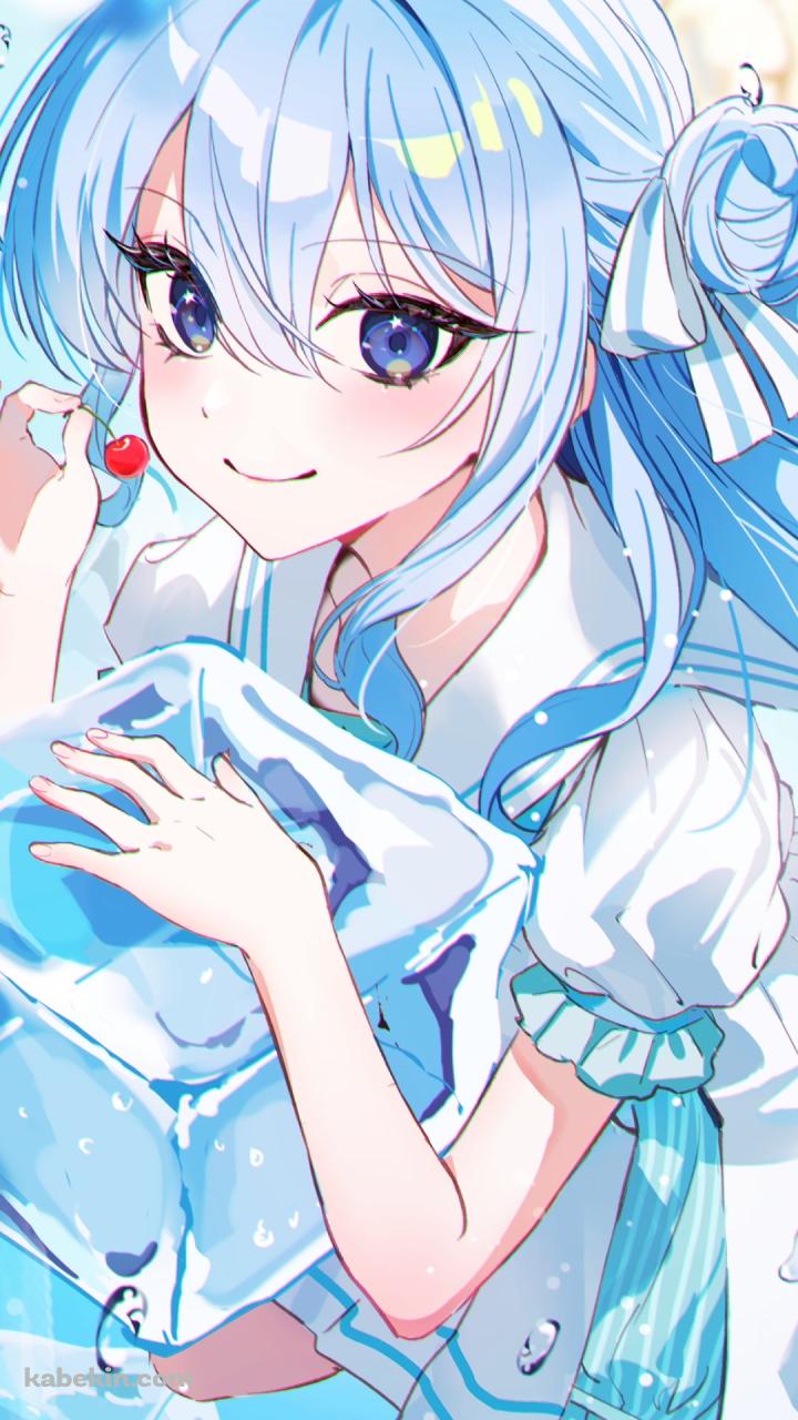 氷にもたれてサクランボを持つ可愛い星街すいせい / ホロライブ / バーチャルYouTuber / VtuberのAndroidの壁紙(720px x 1280px) スマホ用