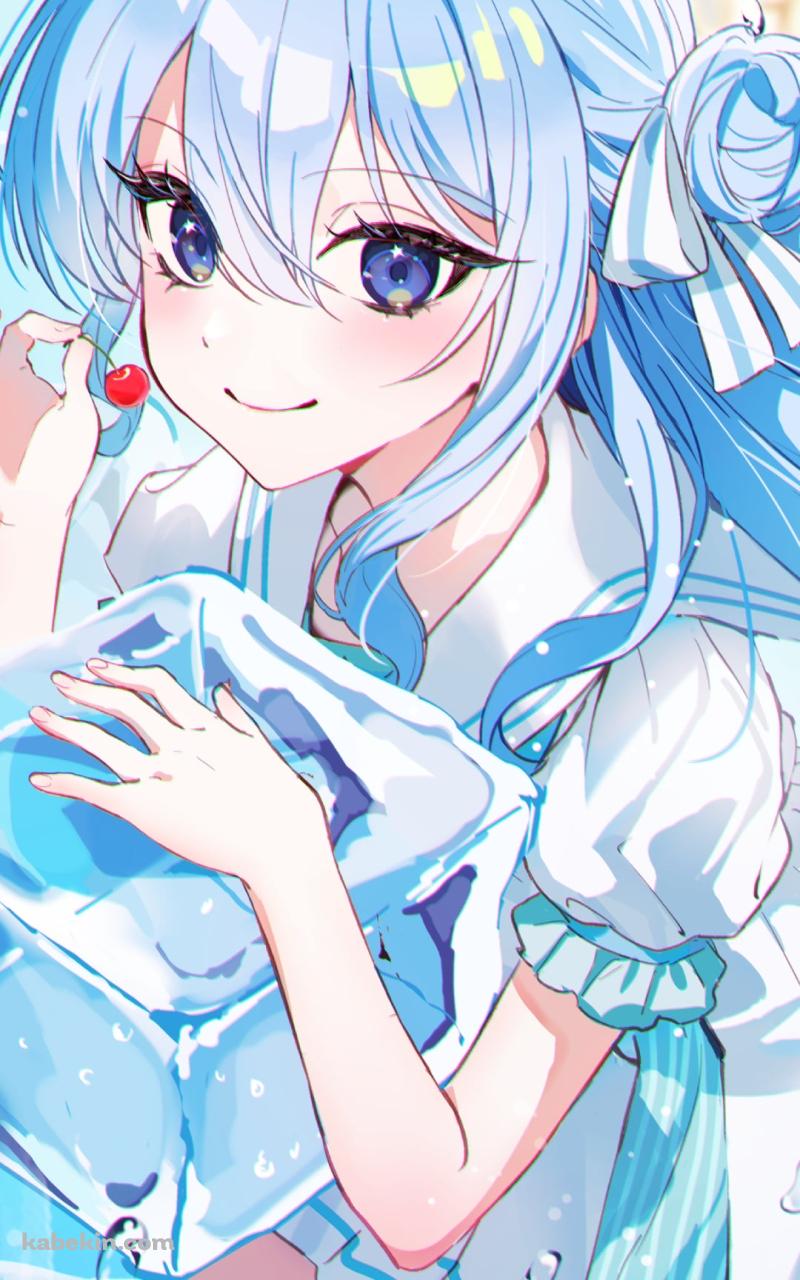 氷にもたれてサクランボを持つ可愛い星街すいせい / ホロライブ / バーチャルYouTuber / VtuberのAndroidの壁紙(800px x 1280px) スマホ用