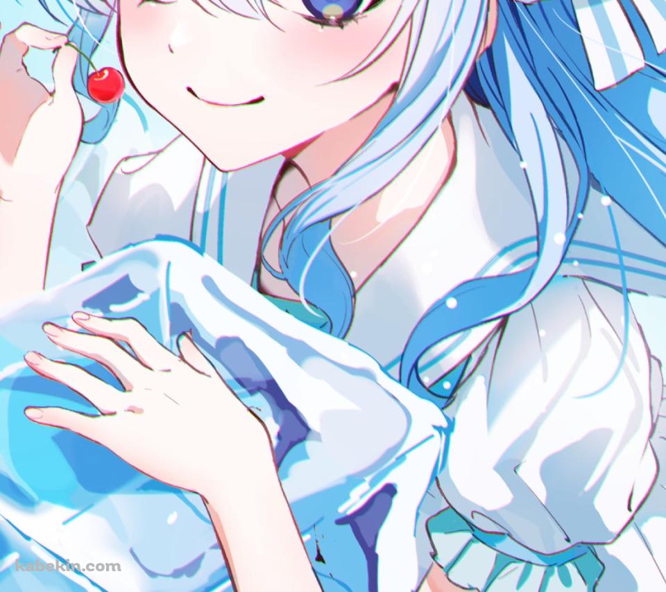 氷にもたれてサクランボを持つ可愛い星街すいせい / ホロライブ / バーチャルYouTuber / VtuberのAndroidの壁紙(960px x 854px) スマホ用
