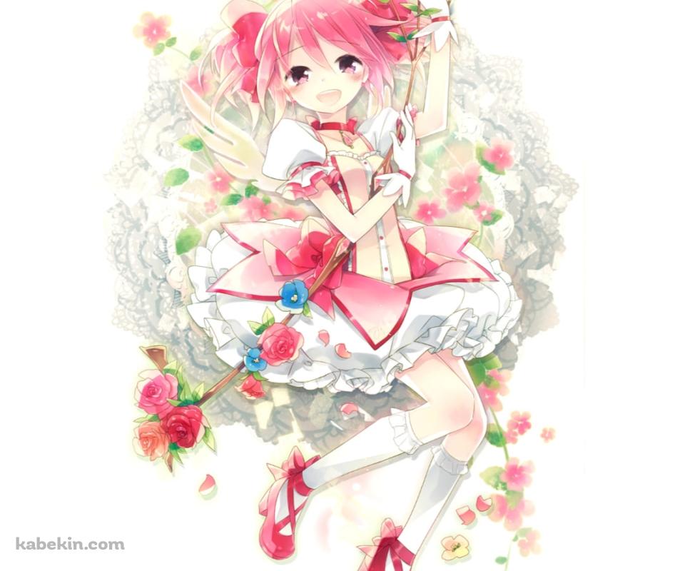 ピンクの薔薇を持つ笑顔の鹿目まどか / 魔法少女まどか☆マギカのAndroidの壁紙(960px x 800px) スマホ用