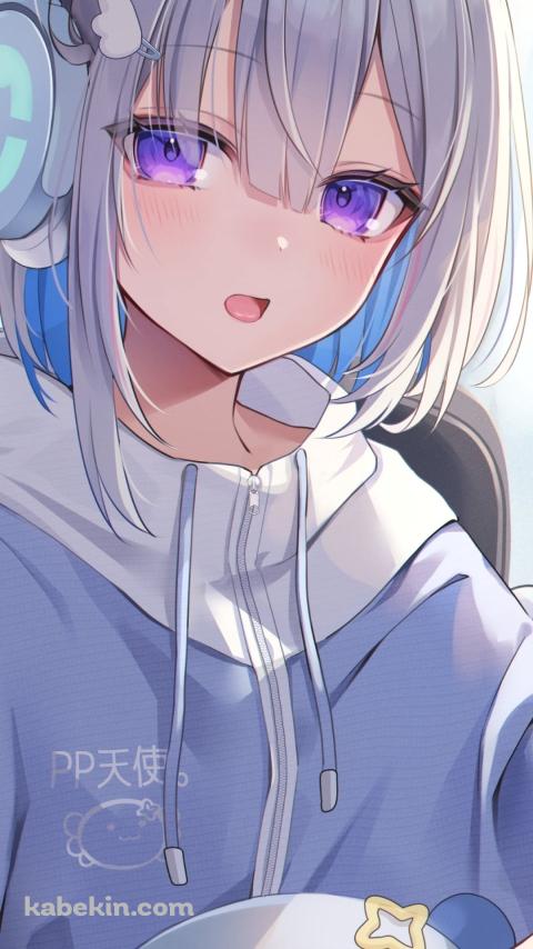 ヘッドフォンをつけた紫の瞳の可愛い天音かなた / ホロライブ / バーチャルYouTuber / VtuberのAndroidの壁紙(480px x 854px) スマホ用