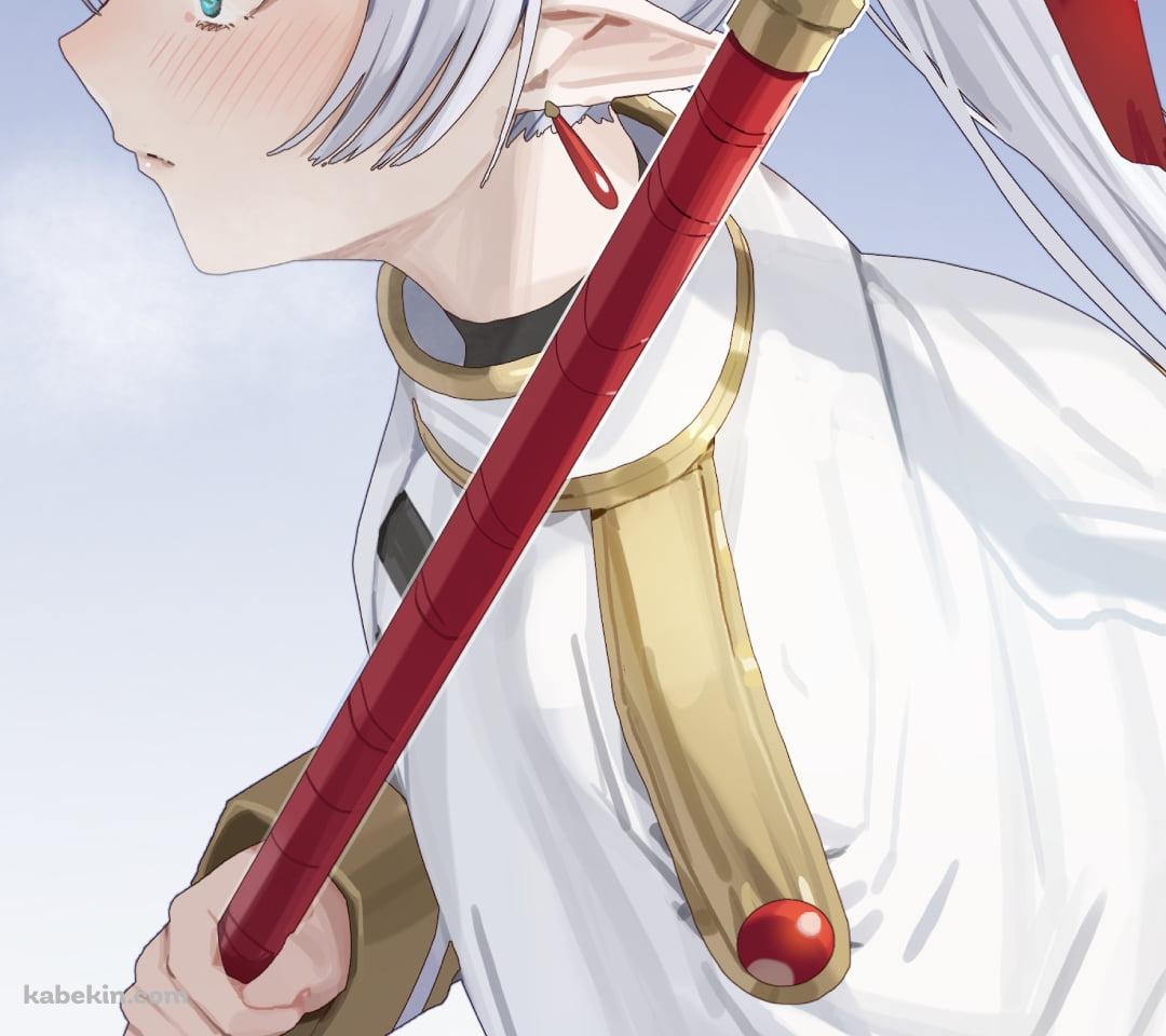 斜め上から見た赤い杖を持つフリーレン / 葬送のフリーレンのAndroidの壁紙(1080px x 960px) スマホ用