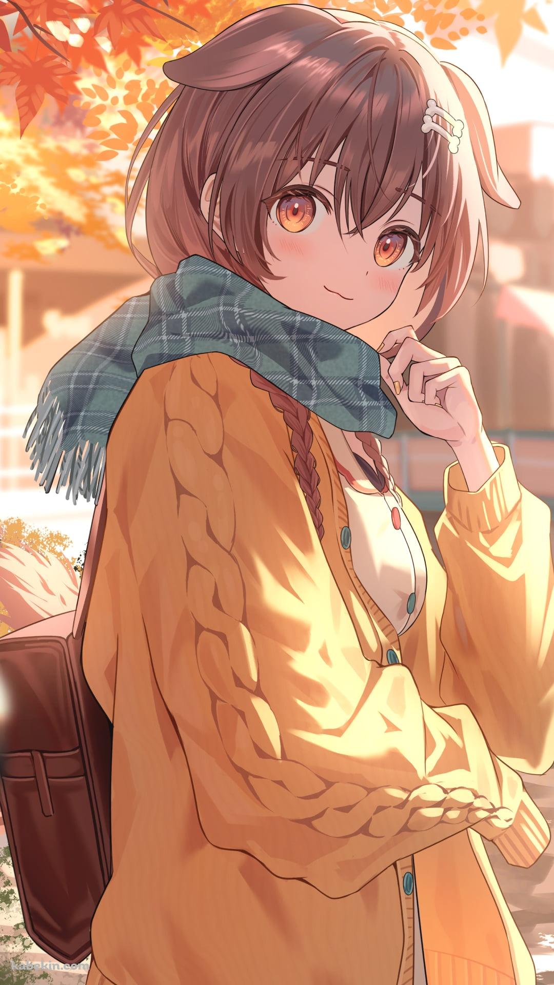 紅葉とマフラーを巻いた戌神ころね / ホロライブ / バーチャルYouTuber / VtuberのAndroidの壁紙(1080px x 1920px) スマホ用