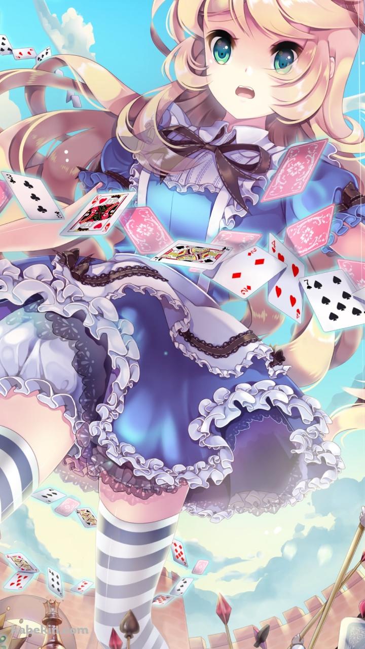 草原を走るアリス  / 沢山のトランプ / 不思議の国のアリスのAndroidの壁紙(720px x 1280px) スマホ用