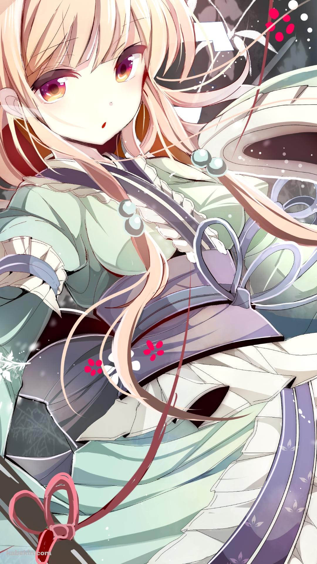 薄い緑の着物を着た西行寺幽々子 / 東方のAndroidの壁紙(1080px x 1920px) スマホ用