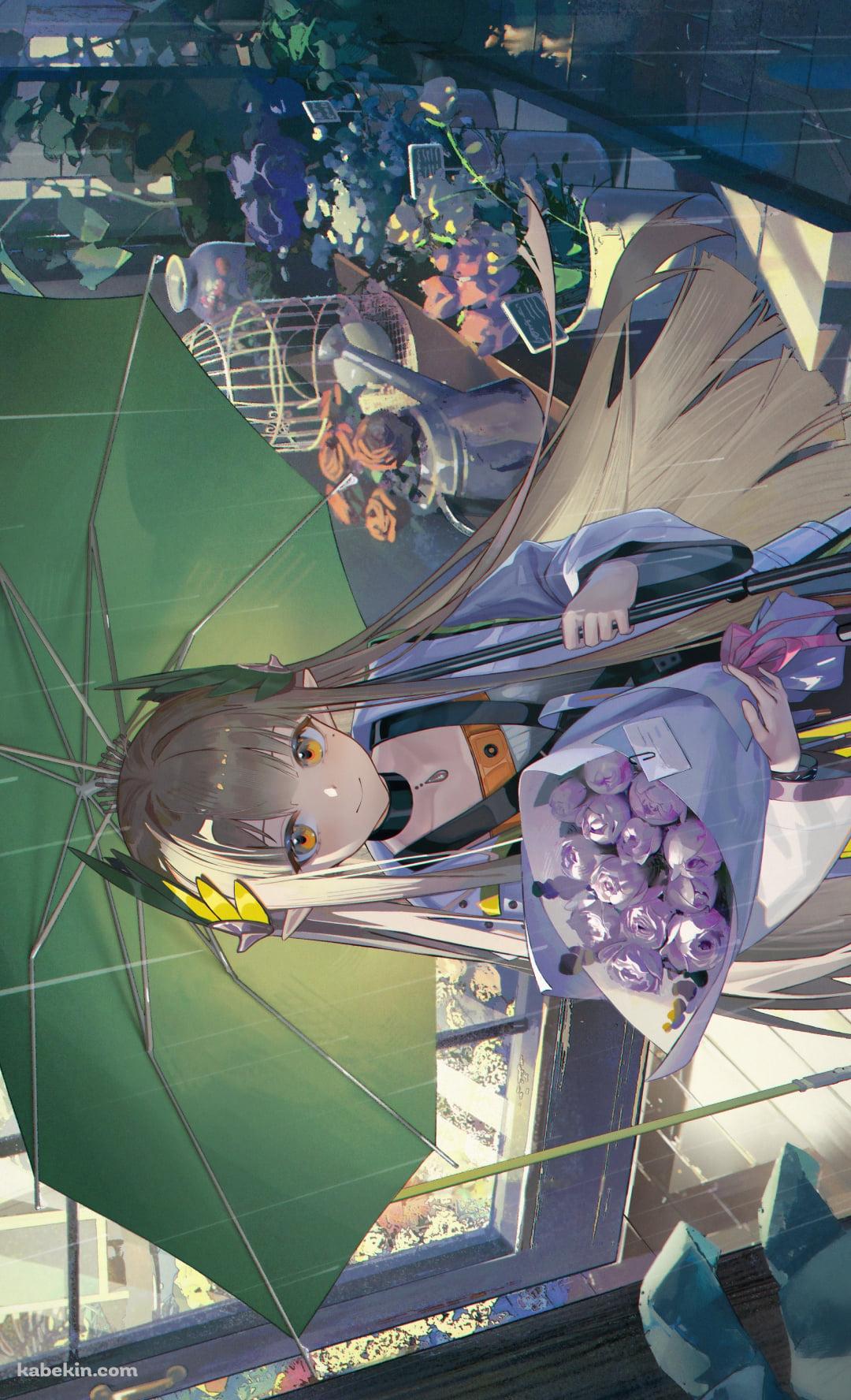 薔薇の花束を持ち緑の傘をさすミュルジス / アークナイツのAndroidの壁紙(1080px x 1776px) スマホ用