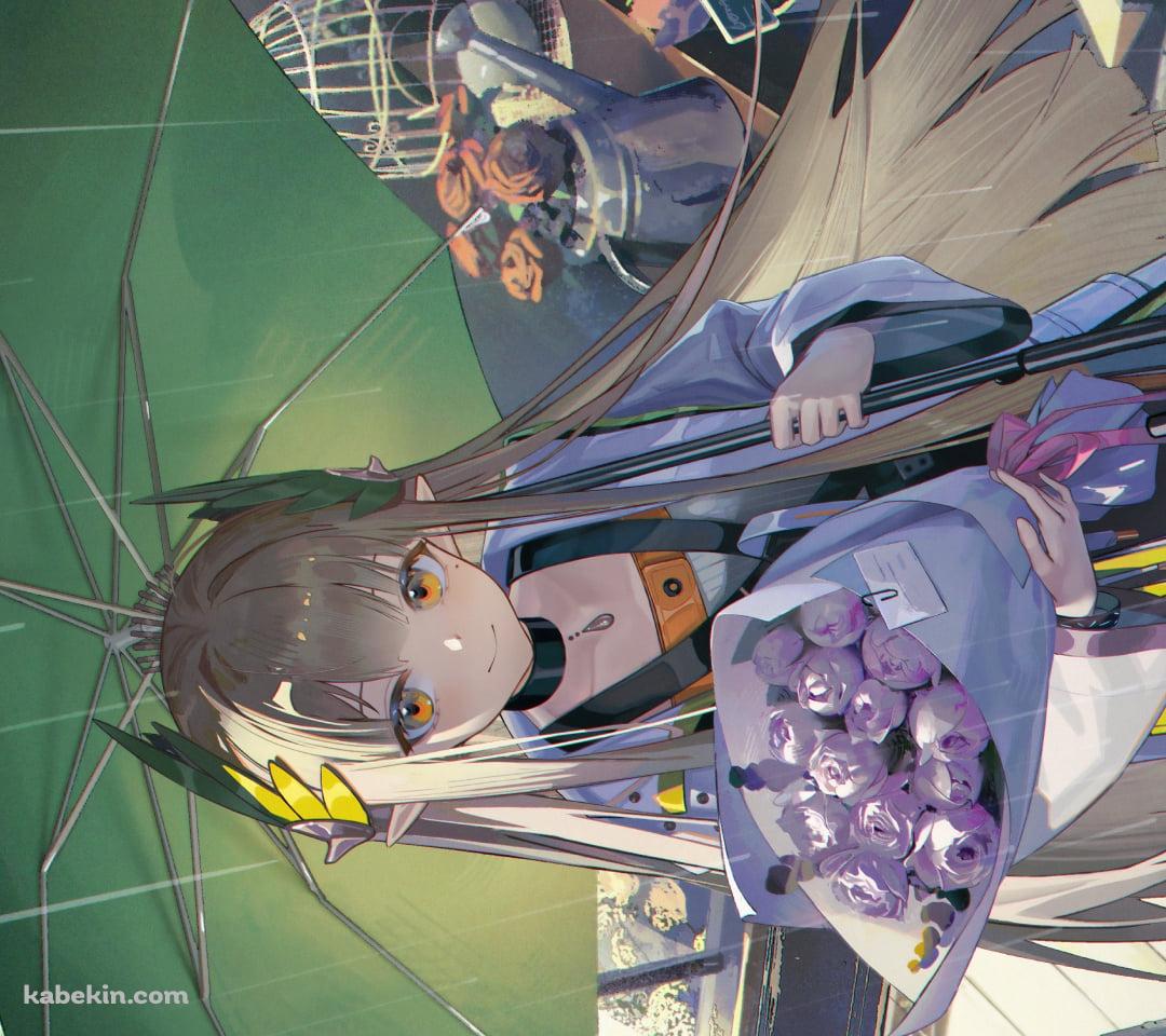 薔薇の花束を持ち緑の傘をさすミュルジス / アークナイツのAndroidの壁紙(1080px x 960px) スマホ用