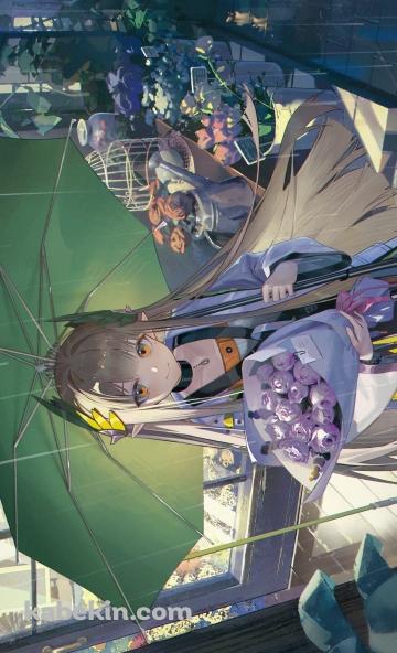 薔薇の花束を持ち緑の傘をさすミュルジス / アークナイツのAndroidの壁紙(360px x 592px) スマホ用