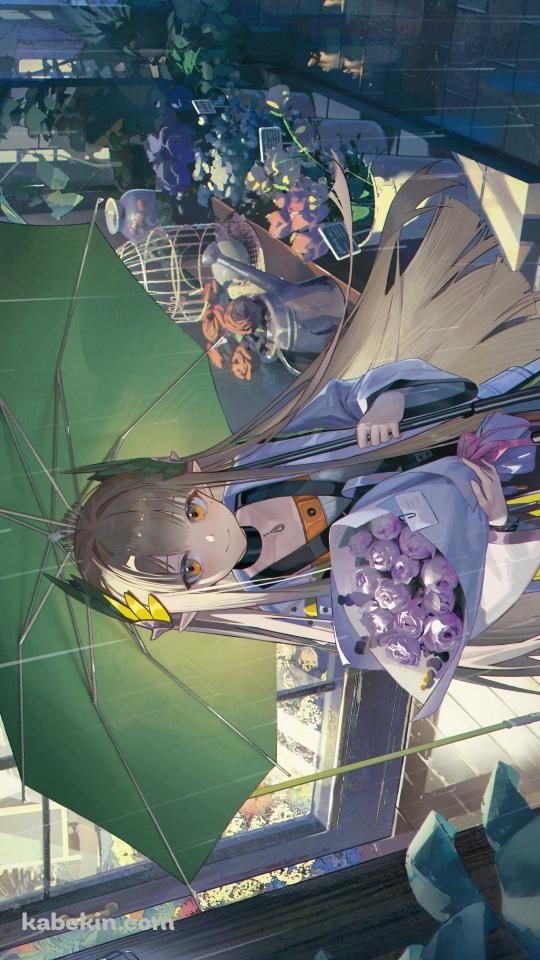 薔薇の花束を持ち緑の傘をさすミュルジス / アークナイツのAndroidの壁紙(540px x 960px) スマホ用