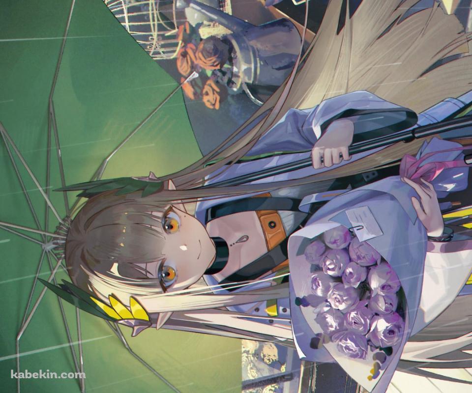 薔薇の花束を持ち緑の傘をさすミュルジス / アークナイツのAndroidの壁紙(960px x 800px) スマホ用